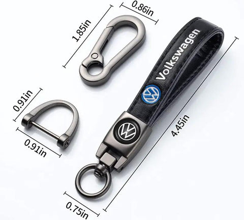 Leather Car Keychain For Women And Men, Durable Iron Key Ring With Premium Leather Fob, including dimensions and VW logo.