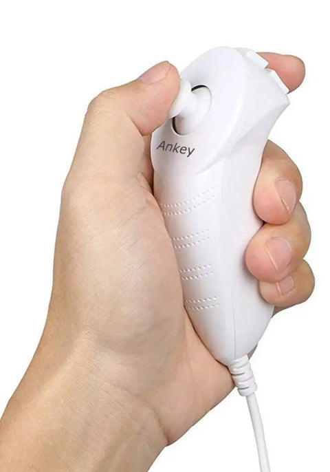 Hand holding white 2 Pack Nunchuk Controller Replacement For Nintendo Wii And Wii U White, Motion Sensing Nunchuk Joystick