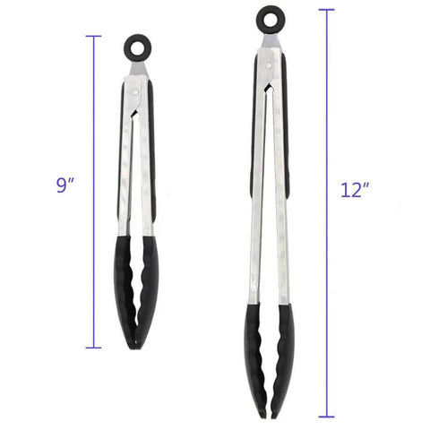Two Pack Black Kitchen Tongs Set Pro Grade Silicone BPA Free Nonstick Stainless Steel BBQ Grilling Tongs With Locking Mechanism 9 Inch And 12 Inch Non Slip Handles Heat Resistant Up To 500 Degrees