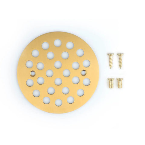 Premium Screw In Round Floor Drain Cover Replacement Brushed Golden Finish with screws, 108 mm for bathroom use.
