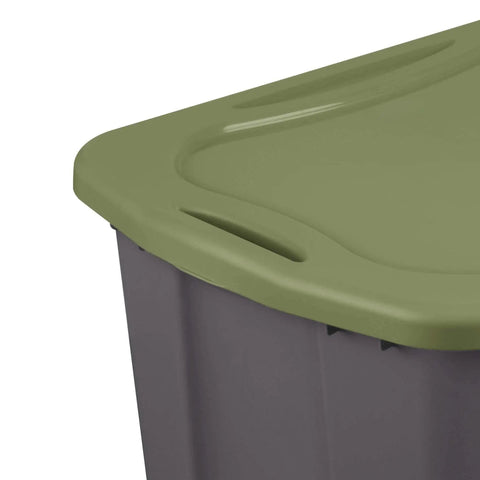 Roomy 17.5 Gallon Plastic Storage Bin With Secure Stackable Lid And Opaque Base, Full Grip Handles, showing the green lid detail.