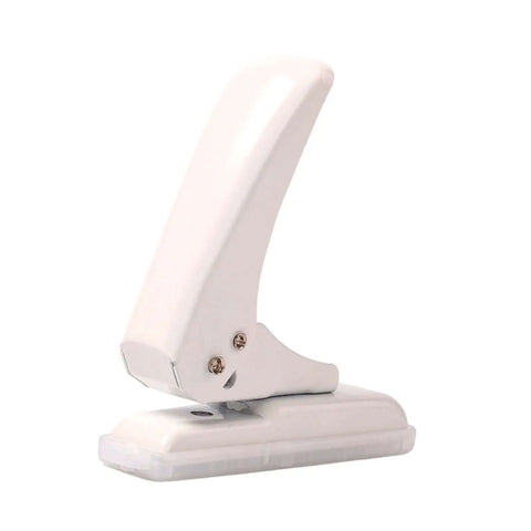 Portable Workhorse One Hole Punch Handheld Metal Hole Puncher With 40 Sheet Paper Capacity, side view, white color, for crafting and scrapbooking