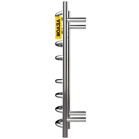 Side view of 8 Bar Curved Heated Towel Rack With Super Sleek Mirror Polished Stainless Steel Finish Built In Timer Wall Mounted Towel Warmer For Bathroom Plug In Or Hardwired UL Certified Silver