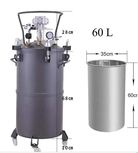 Rugged Commercial Sixty Liter Pneumatic Paint Pressure Tank Featuring Kickass Automatic Air Agitation And Reliable Safety Valve For Consistent Coating Jobs with dimensions.