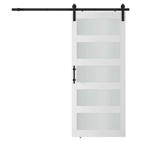 Glass And Wood Barn Door 32 By 80 Inches With Sliding Hardware Kit for easy mount, white frame, and frosted glass panels.