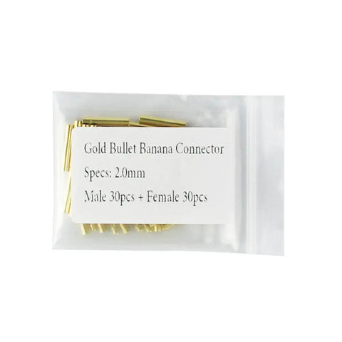 Gold Plated 2.0mm Bullet Banana Connectors Set, 30 Pairs (30 Male And 30 Female) in packaging, ideal for RC projects