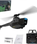 Remote Control Helicopter With 2.4G Four Channel Aerial Recon Drone Crash Resistant Single Rotor Model For Adults shown with accessories and remote.