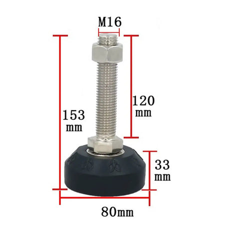 Eight Piece Heavy Duty Adjustable Furniture Leveling Feet With Three Inch Diameter Bases showing an M16 leveling foot with dimensions.