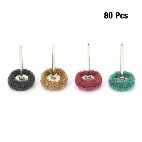 80 Pcs Premium Abrasive Wheel Brush Polishing Buffing Kit for grinding wood metal with colorful nylon cleaning pads.