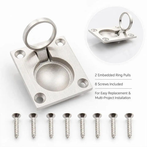 2 Pack Flush Ring Pulls For Boat Hatches And Marine Doors, Stainless Steel 316 Recessed Pull Handle with screws shown