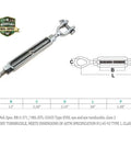 Drop Forged T316 Stainless Steel Jaw Eye Turnbuckle with specifications and dimensions for heavy duty marine rigging.