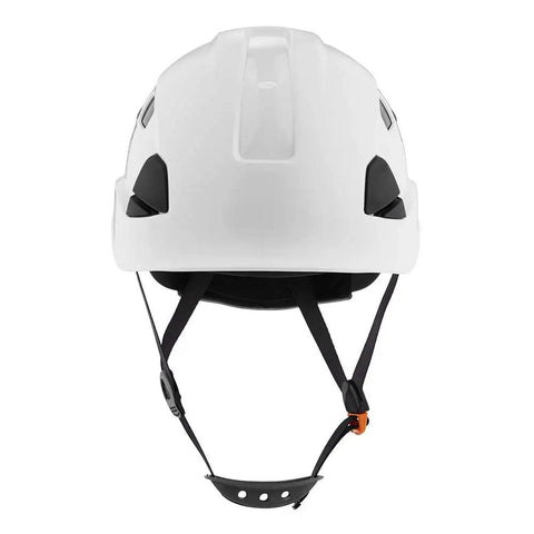 Front view of white CH400V Climbing Style Hard Hat with Venting and Molded Cup Chin Strap, ANSI Z89.1 and OSHA Compliant Construction Helmet.