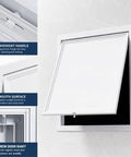 Slick White Attic Access Panel Door For Drywall With Zero Fuss Install Sturdy Aluminum Frame showing convenient handle and hinge.