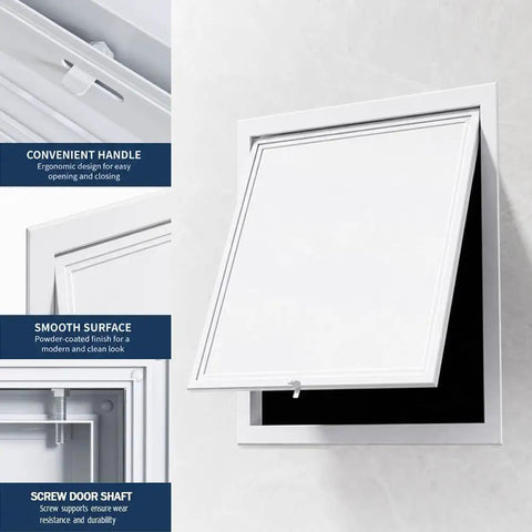 Slick White Attic Access Panel Door For Drywall With Zero Fuss Install Sturdy Aluminum Frame showing convenient handle and hinge.