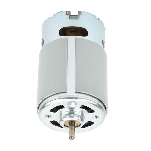 Real RS550 Electric Motor 22000 RPM High Spin Brushed DC Motor For Cordless Drills And Power Tool Mods Killer Torque Pro Grade. Silver and black motor with metal housing and shaft.