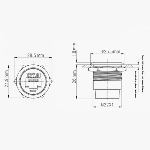 Hella Sleek Cat6 Rj45 Panel Mount Connector With Threaded Bulkhead Coupler dimensions for precise installation in 22mm cutouts.