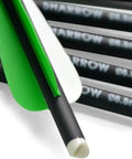 Close-up of green and white fletching on 16 Inch Carbon Crossbow Bolts With 4 Inch Fletching Pro Grade 125 Grain Tips And Replaceable Broadheads