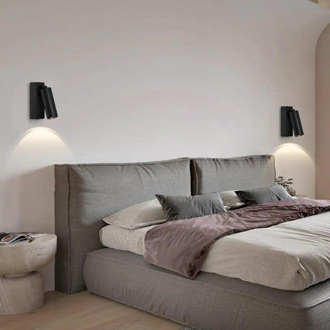 JGSYD Bedside Reading Lamp, Adjustable Metal Wall Light, White/Black Wall Sconce, modern design beside gray bed setup