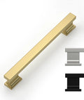 Gold Brushed Cabinet Handle Set Of 20 With Five Inch Center To Center Square Pulls For Kitchen Cabinets Drawers shown in gold, silver, black.