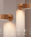Wireless Wall Mounted Reading Light Two-Pack With USB Charging Port, Rechargeable Battery, 360 Degree Rotating Magnetic Ball, Dimmable Touch Control in nature wood