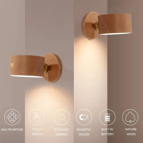 Wireless Wall Mounted Reading Light Two-Pack With USB Charging Port, Rechargeable Battery, 360 Degree Rotating Magnetic Ball, Dimmable Touch Control in nature wood