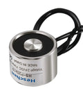 Compact Dc Holding Electromagnet With 24 Volts And M3 Female Thread Delivers A Tough 5 Point 5 Lb Grip For Robotics And Industrial Setup, silver body with leads.