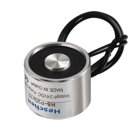 Compact Dc Holding Electromagnet With 24 Volts And M3 Female Thread Delivers A Tough 5 Point 5 Lb Grip For Robotics And Industrial Setup, silver body with leads.