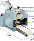 Zero Drama Automatic Dumpling Skin Maker And Stainless Steel Dough Press with inbound tray and conveyor belt, dimensions 58cm x 31cm.