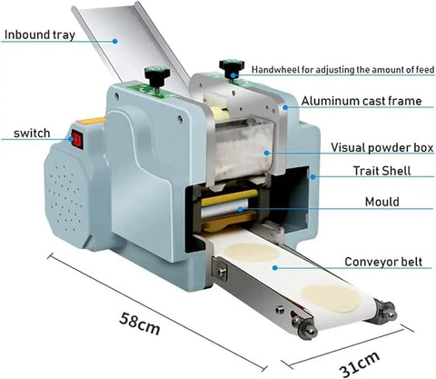 Zero Drama Automatic Dumpling Skin Maker And Stainless Steel Dough Press with inbound tray and conveyor belt, dimensions 58cm x 31cm.