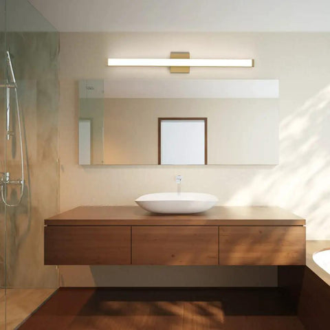 Spec 24 Inch Bath Vanity Light In Black Aluminum Finish With PMMA Acrylic Shade above modern bathroom vanity and mirror