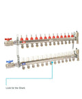 Manifold system for distributing water lines, featuring multiple outlets and valve controls. Includes notes for installation points.