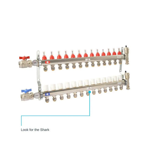 Manifold system for distributing water lines, featuring multiple outlets and valve controls. Includes notes for installation points.
