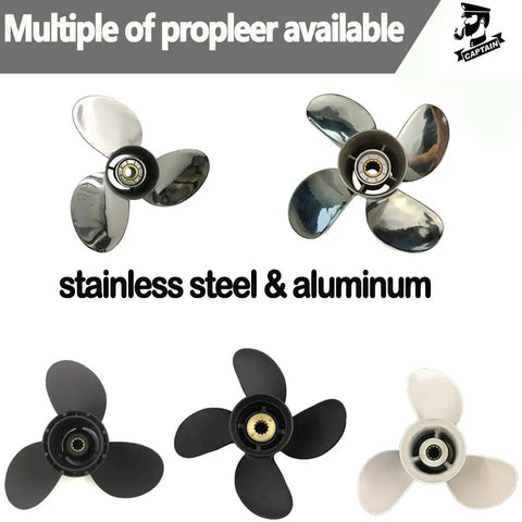 Assorted stainless steel and aluminum outboard propellers in multiple designs on display