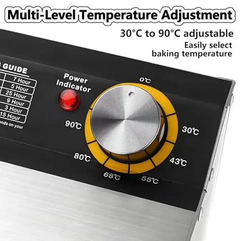Temperature control dial on Slick Commercial Electric Food Dehydrator with Adjustable Heat for precise settings.