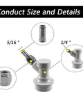 Corny Keg Ball Lock Gas Disconnect MFL One Quarter Inch Quick Connect For Homebrewing Includes Five Sixteenths Swivel Nuts And Two Free Worm Clamps Easy Plug And Play Setup Durable PBT And Stainless Steel Build, 5/16 and 1/4 fittings shown