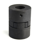 Front view of black 3-piece L-Jaw coupling with central bore and side hole