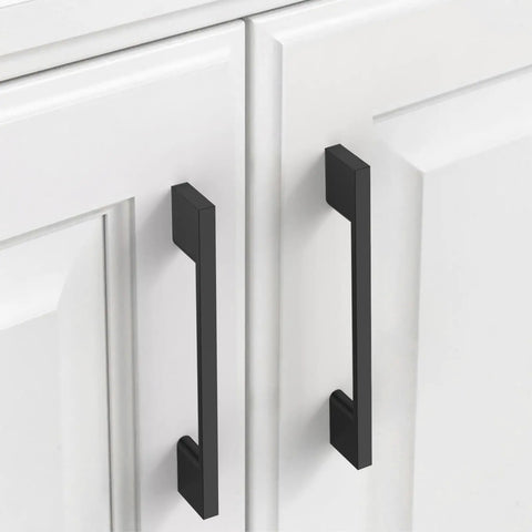 Heavy Duty Matte Black Cabinet Pulls 5 Inch Hole Center Zinc Alloy Kitchen Drawer Handles on white cupboard doors