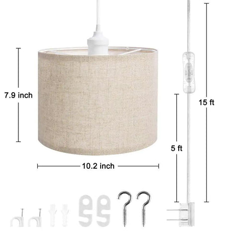Plug In Pendant Light With 15 Ft Clear Cord Beige Linen Shade On Off Switch Hanging Ceiling Light dimensions and components