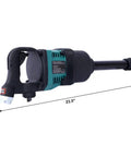 One Inch Heavy Duty Air Impact Wrench With Long Shank And 38Mm 41Mm Sockets 1900 Ft Lbs Torque side view with dimensions 23.5 inches long and 8 inches high