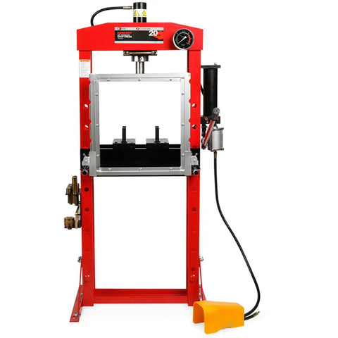 20 Ton Hydraulic Shop Press With Dual Air Motor And 7 Position Bed Height Polycarbonate Shield in red welded frame