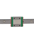 Front view of Miniature Linear Rail Guide 12mm Width with Slide Block, 100mm length, metal structure, for precision machinery and automation systems.
