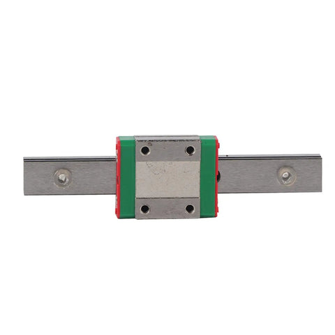 Front view of Miniature Linear Rail Guide 12mm Width with Slide Block, 100mm length, metal structure, for precision machinery and automation systems.