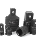 Premium 6 Pc Impact Socket Converter Reducer Adapter Kit With Bolt Hole Locking Design Fits 1/4 3/8 1/2 And 3/4 Inch Drive For Heavy Duty Auto Repair Jobs And Pneumatic Tool Use, chrome moly steel adapters
