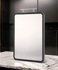 Titanium kitchen cutting board, large size with dark border, upright on marble countertop.