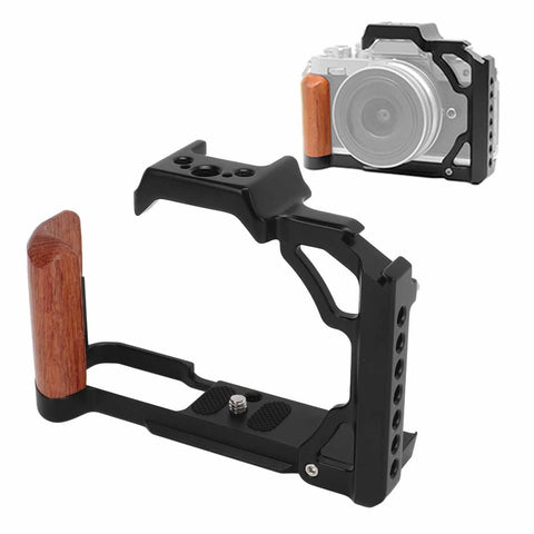 Wood Handle Aluminum Camera Cage Rig With 1/4 Inch And 3/8 Inch Screw Holes, Cold Shoe Mount, attached to a DSLR, lightweight and sturdy.