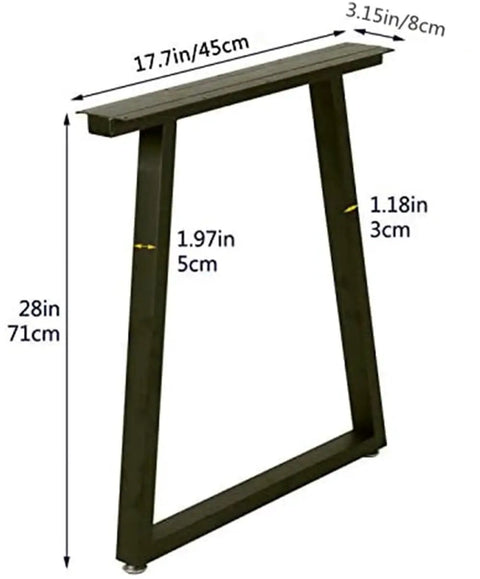 Heavy Duty Industrial Table Legs Set Of 2 In Trapezoid Shape 28 Inch Tall Solid Steel With Matte Finish, dimensions shown