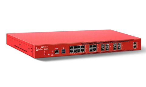 Bulletproof Firebox M695 Rackmount Firewall with ports in a red casing, designed for enterprise security and network performance.