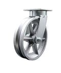 Heavy Duty Kingpinless Swivel Caster With 8 Inch Wheel And 1250 Lb Load Capacity For Plate Mount showing silver cast iron construction and robust design.