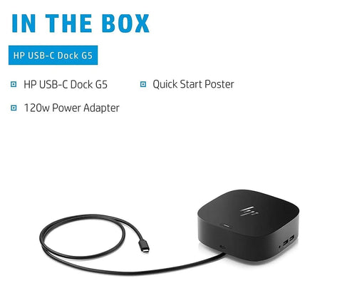 Legit Slick One Cable USB C Dock And Thunderbolt Hub Bundle With Eleven Ports For Lightning Charging Networking And Seamless Data Swaps On PCs And Notebooks Bulk Pack Of Ten For Hassle Free Desks, showing HP USB-C Dock G5 with 120w power adapter.