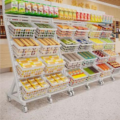 Rock Solid Heavy Duty Metal Storage Shelves With Adjustable Utility Rack For Garage And Home Organization Hella Sturdy Industrial Shelf For Retail Displays with multiple baskets of assorted products.